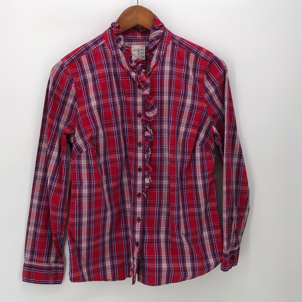 Gap Fitted Boyfriend Red Plaid Shirt Ruffle MP
